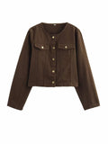 Washed Denim Brown round Neck Long Sleeve Tooling Short Jacket Loose High Waist Jeans Casual Set Women
