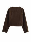 Washed Denim Brown round Neck Long Sleeve Tooling Short Jacket Loose High Waist Jeans Casual Set Women