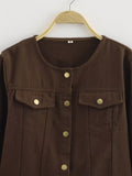 Washed Denim Brown round Neck Long Sleeve Tooling Short Jacket Loose High Waist Jeans Casual Set Women