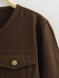 Washed Denim Brown round Neck Long Sleeve Tooling Short Jacket Loose High Waist Jeans Casual Set Women
