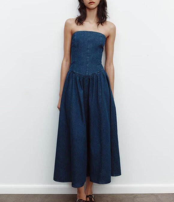 Spring Women Clothes Midi Denim Dress off the Shoulder Tube Top Midi Denim