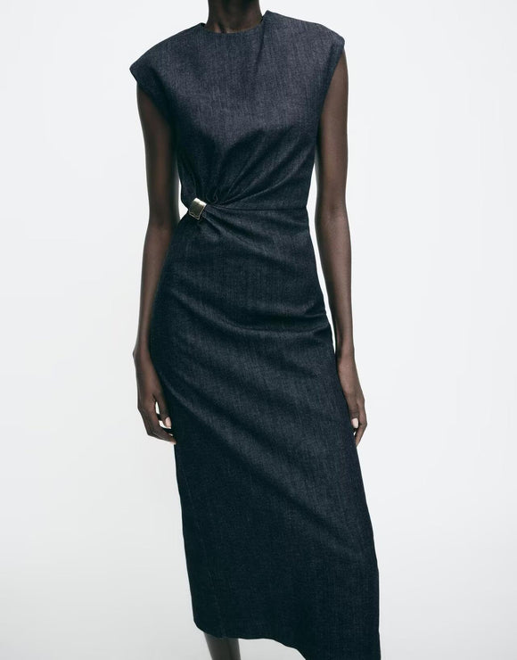 Spring Women Clothing Gold Inlaid Denim Midi Dress Dress