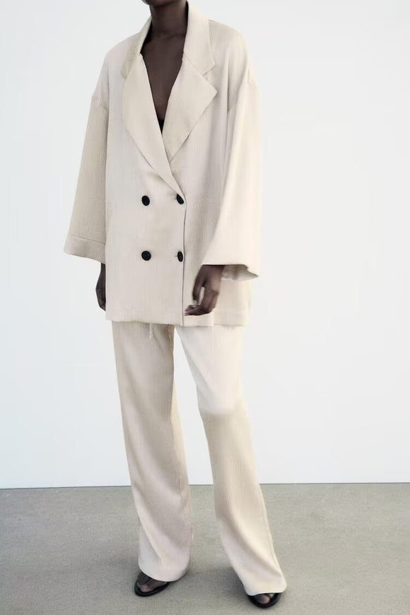 Women Clothing Summer Wrinkle Effect Double Breasted Blazer Elastic Waist Straight Leg Pants