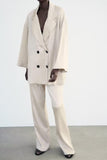 Women Clothing Summer Wrinkle Effect Double Breasted Blazer Elastic Waist Straight Leg Pants