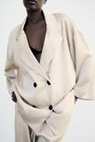 Women Clothing Summer Wrinkle Effect Double Breasted Blazer Elastic Waist Straight Leg Pants