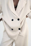 Women Clothing Summer Wrinkle Effect Double Breasted Blazer Elastic Waist Straight Leg Pants