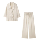 Women Clothing Summer Wrinkle Effect Double Breasted Blazer Elastic Waist Straight Leg Pants
