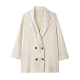 Women Clothing Summer Wrinkle Effect Double Breasted Blazer Elastic Waist Straight Leg Pants