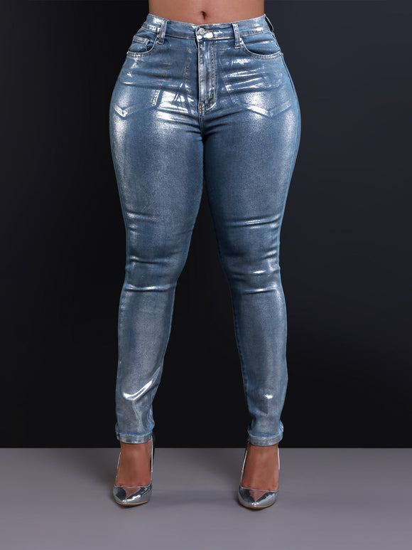 Women Clothing Gilding Craft Silver Skinny Stretch Jeans