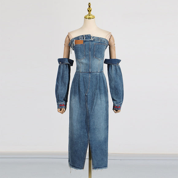Denim Dress Women Spring Personality Street Loose Tube Top Split Oversleeves Midi Dress