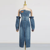 Denim Dress Women Spring Personality Street Loose Tube Top Split Oversleeves Midi Dress