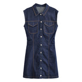 Summer Denim Mini Pleated Sleeveless Dress