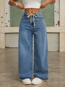 Beaded Jeans Women Summer High Waist Loose Slimming Straight Wide Leg Mopping Pant Belt Baht