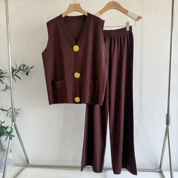Ladies Golden Button V Neck Knitted Vest Casual Loose Trousers Knitted Two Piece Sets