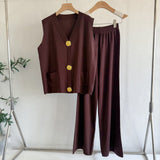 Ladies Golden Button V Neck Knitted Vest Casual Loose Trousers Knitted Two Piece Sets