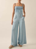 Ladies Summer French Elegant Denim Wrapped Chest Strap Wide Two Piece Set Leg Jumpsuit