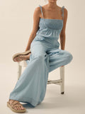 Ladies Summer French Elegant Denim Wrapped Chest Strap Wide Two Piece Set Leg Jumpsuit