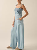 Ladies Summer French Elegant Denim Wrapped Chest Strap Wide Two Piece Set Leg Jumpsuit