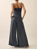 Ladies Summer French Elegant Denim Wrapped Chest Strap Wide Two Piece Set Leg Jumpsuit