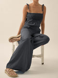 Ladies Summer French Elegant Denim Wrapped Chest Strap Wide Two Piece Set Leg Jumpsuit