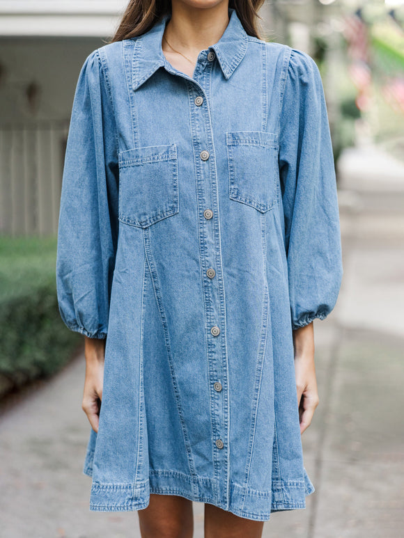 Ladies Spring Summer Deconstructed Line Buckle Three Quarter Sleeve Buckle Denim Cotton Loose Dress