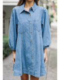 Ladies Spring Summer Deconstructed Line Buckle Three Quarter Sleeve Buckle Denim Cotton Loose Dress