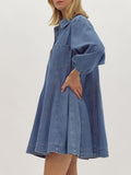 Ladies Spring Summer Deconstructed Line Buckle Three Quarter Sleeve Buckle Denim Cotton Loose Dress