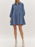 Ladies Spring Summer Deconstructed Line Buckle Three Quarter Sleeve Buckle Denim Cotton Loose Dress