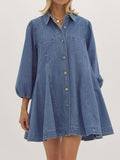 Ladies Spring Summer Deconstructed Line Buckle Three Quarter Sleeve Buckle Denim Cotton Loose Dress