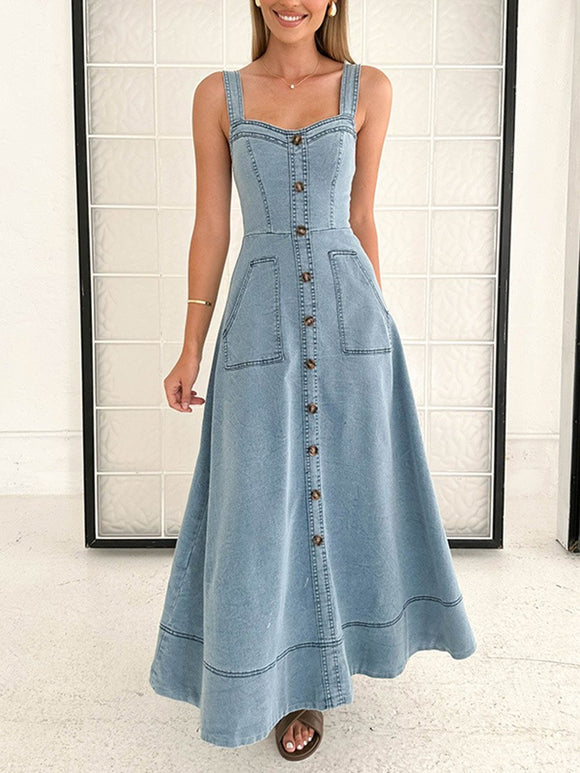 Women Clothing Summer Simple Age Reducing Sling Single Breasted Denim Mid Length Dress