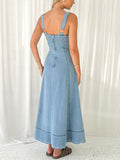 Women Clothing Summer Simple Age Reducing Sling Single Breasted Denim Mid Length Dress
