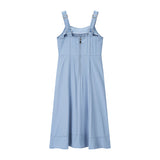 Women Clothing Summer Simple Age Reducing Sling Single Breasted Denim Mid Length Dress