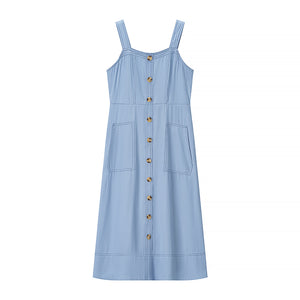 Women Clothing Summer Simple Age Reducing Sling Single Breasted Denim Mid Length Dress