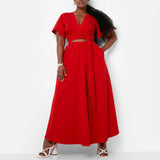 Women Wear Spring Summer Solid Color Bell Sleeve V neck Split Two Piece Sets