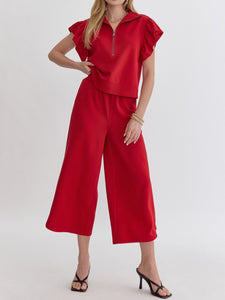 Ladies Spring Summer Casual Set Flying Sleeves Loose Short Sleeve Top Cropped Wide Leg Pants Sets