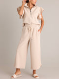 Ladies Spring Summer Casual Set Flying Sleeves Loose Short Sleeve Top Cropped Wide Leg Pants Sets