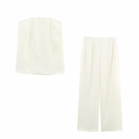 Draping Effect Tube Top Loose Small Top Loose High Waist Slimming Wide Leg Pants Sets
