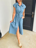 Ladies Summer Fresh Elegant Lyocell Denim Collared Zipper Flowy Dress