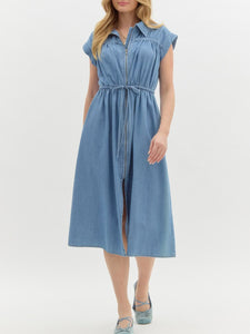 Ladies Summer Fresh Elegant Lyocell Denim Collared Zipper Flowy Dress