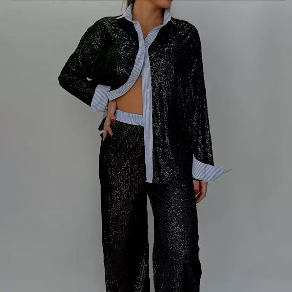 Women Clothing Loose Casual Sequined Blazer Wide Leg Pants Two Piece Suit