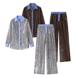 Women Clothing Loose Casual Sequined Blazer Wide Leg Pants Two Piece Suit
