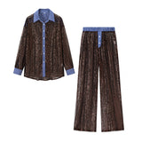 Women Clothing Loose Casual Sequined Blazer Wide Leg Pants Two Piece Suit