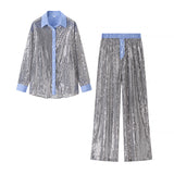 Women Clothing Loose Casual Sequined Blazer Wide Leg Pants Two Piece Suit
