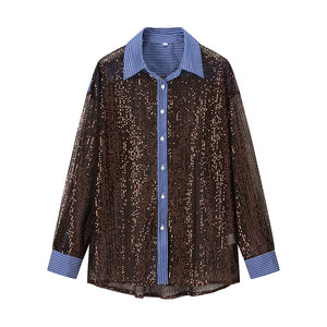 Women Clothing Loose Casual Sequined Blazer Wide Leg Pants Two Piece Suit