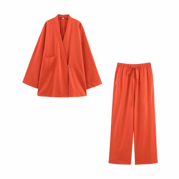 Autumn Women Clothing Two Color V neck Single Button Coat Elastic Waist Wide Leg Trousers Suit