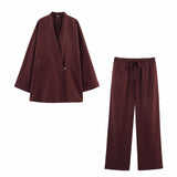 Autumn Women Clothing Two Color V neck Single Button Coat Elastic Waist Wide Leg Trousers Suit