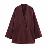 Autumn Women Clothing Two Color V neck Single Button Coat Elastic Waist Wide Leg Trousers Suit
