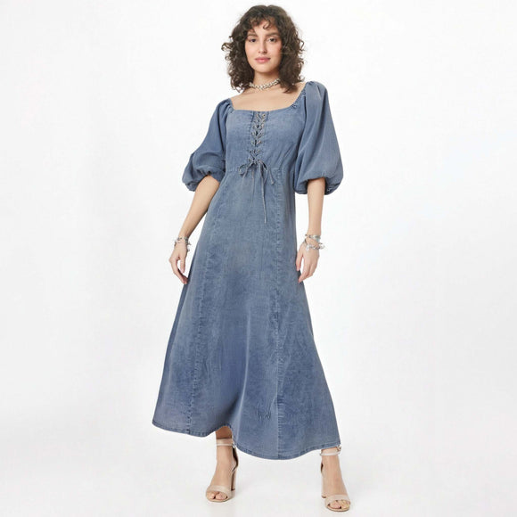 Square Mouth Long Sleeve Lantern Sleeve Waist Tight Solid Color Long A line Denim Thin Dress