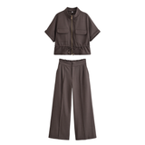 Summer Wind Fashionable Curled Brim Short Sleeve Hunting Loose Collared Shirt Women Casual Trousers Suit