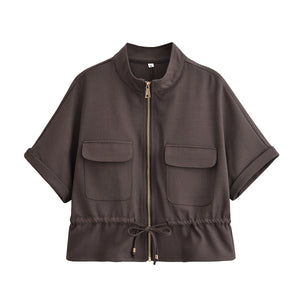 Summer Wind Fashionable Curled Brim Short Sleeve Hunting Loose Collared Shirt Women Casual Trousers Suit